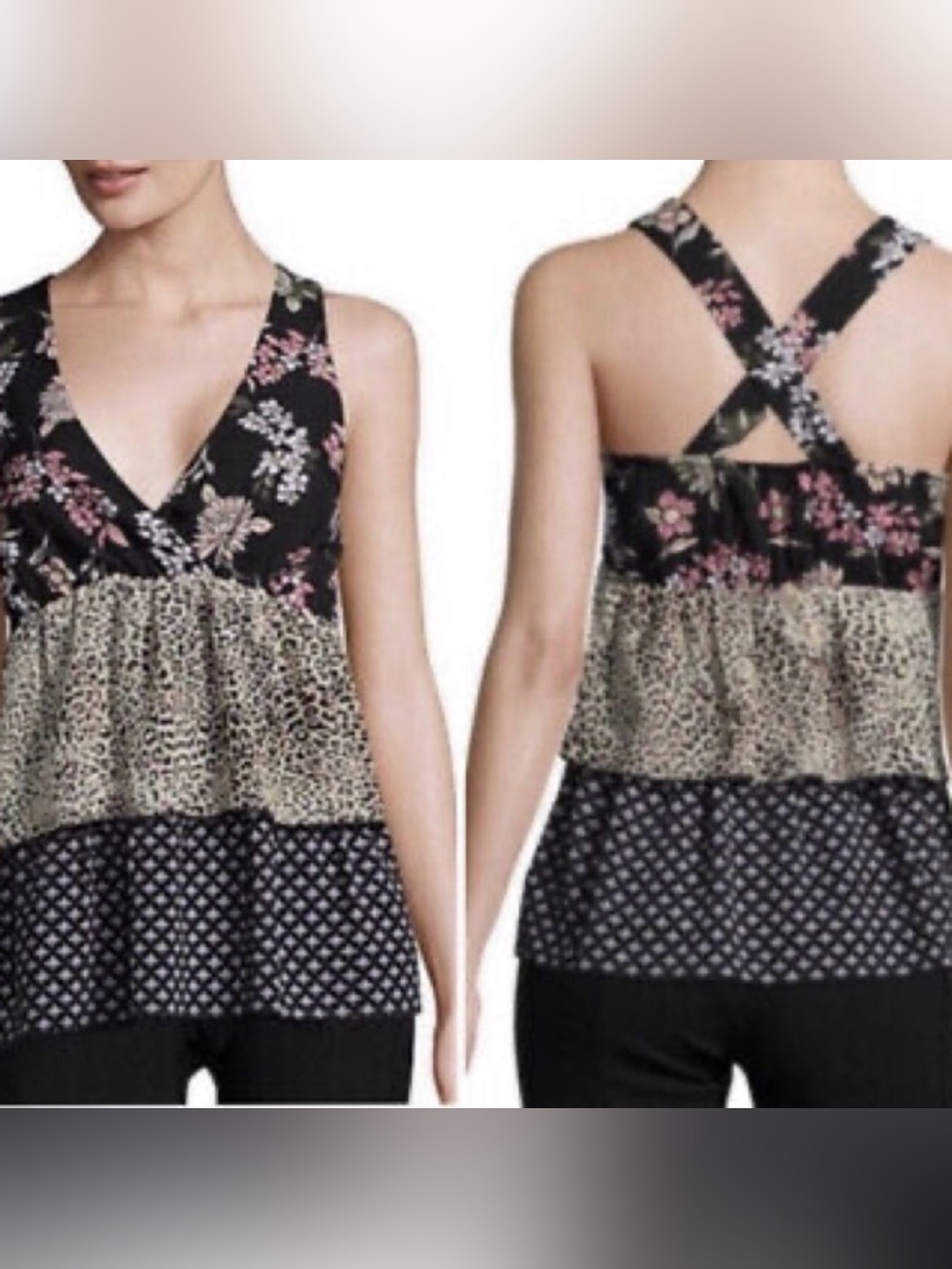 Libby Edelman Mixed Print Floral Leopard Tiered Ruffle Babydoll Top S